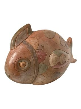 Vintage 70s Mexican Multicolored Burnished Clay Pottery Fish Sculpture Folk Boho